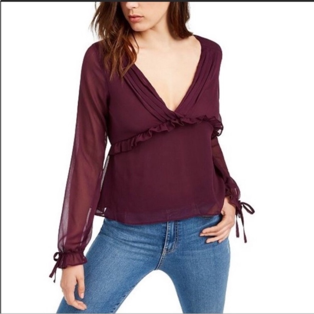 Q&A LA Women’s Pleated V-neck Smocked Long Sleeve Top Plum Color Size S NWT